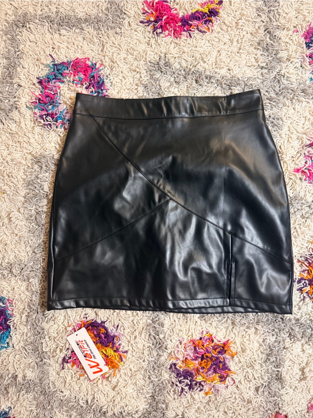 Faux Leather Black Mini Skirt with Paneled Detail